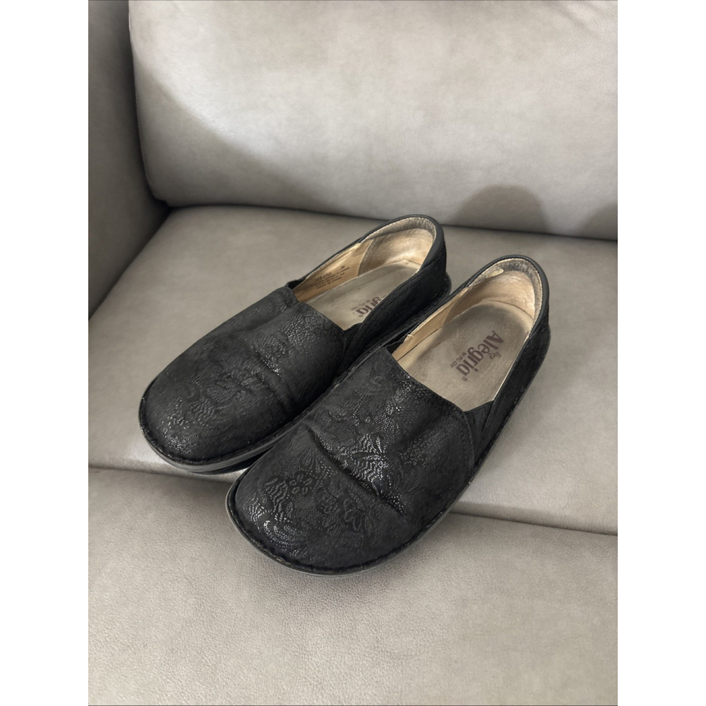 GUC WOMEN’S Alegria By PG Lite MULE CLOG SIZE 39 EU BLACK FLORAL DEB-676X LEATHE